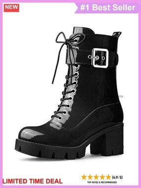 Patent Leather Platform Chunky Heel Combat Boots Zip Lace Up